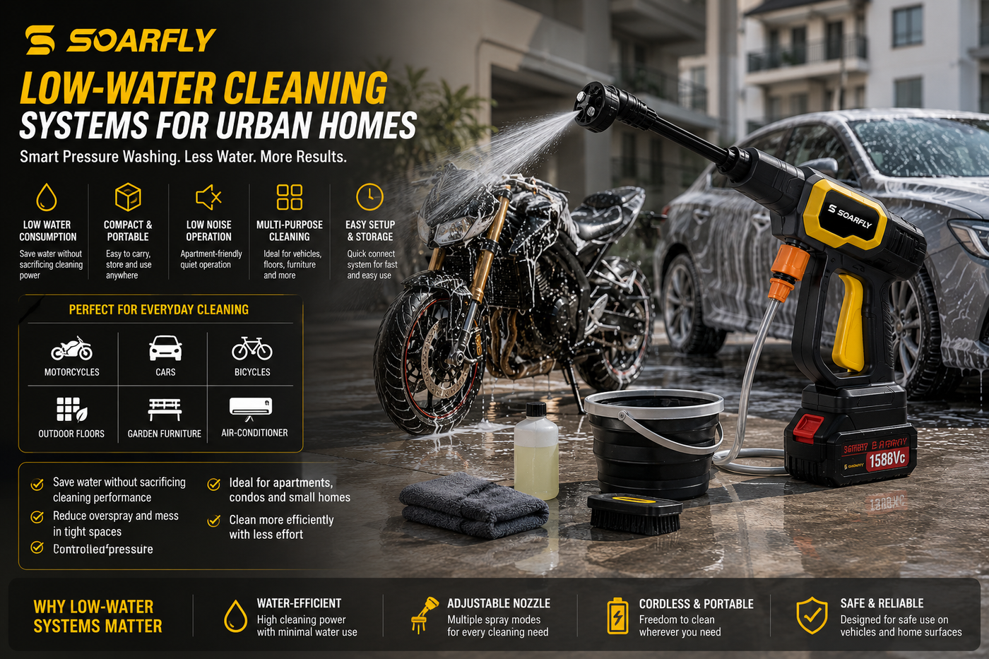 Compact low-water pressure washer setup for urban homes with motorcycle and car cleaning tools in a small apartment-friendly outdoor space