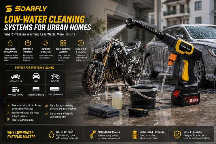 Compact low-water pressure washer setup for urban homes with motorcycle and car cleaning tools in a small apartment-friendly outdoor space