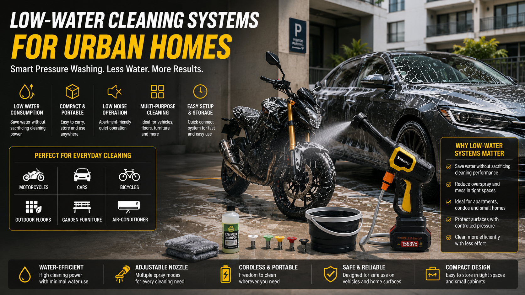 Compact low-water pressure washer cleaning a motorcycle and car in a modern urban apartment parking area with portable cleaning tools and minimal water usage