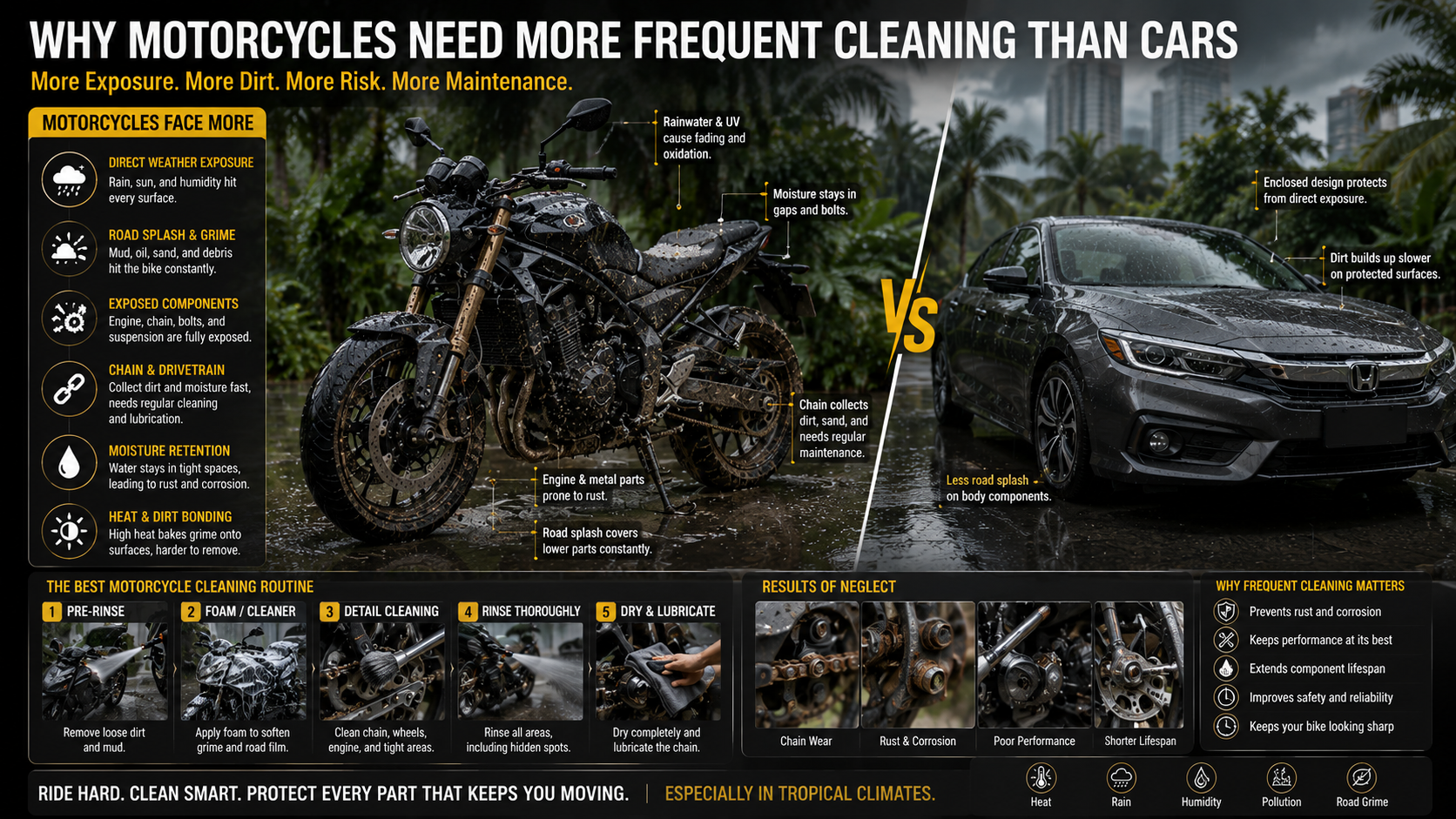 Motorcycle parked beside a car in a humid tropical Southeast Asia environment showing exposed motorcycle components covered with rainwater, mud splash, and road grime compared to cleaner enclosed car surfaces during rainy season maintenance scene