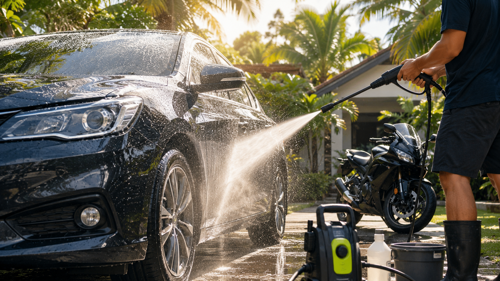 Car and motorcycle being washed with a pressure washer in a tropical outdoor setting, demonstrating efficient and frequent vehicle cleaning in the Philippines