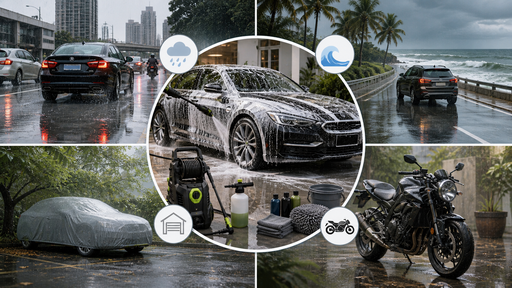 Car being washed with a pressure washer in a tropical rainy-season home environment, showing foam cleaning, wet pavement, and paint-safe maintenance tools
