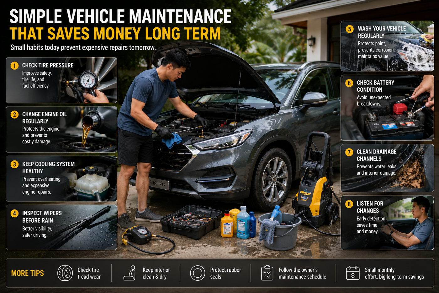 Practical family vehicle maintenance scene at home showing a car owner performing routine inspections, tire pressure checks, battery maintenance, and vehicle cleaning in a clean residential driveway, emphasizing preventive maintenance