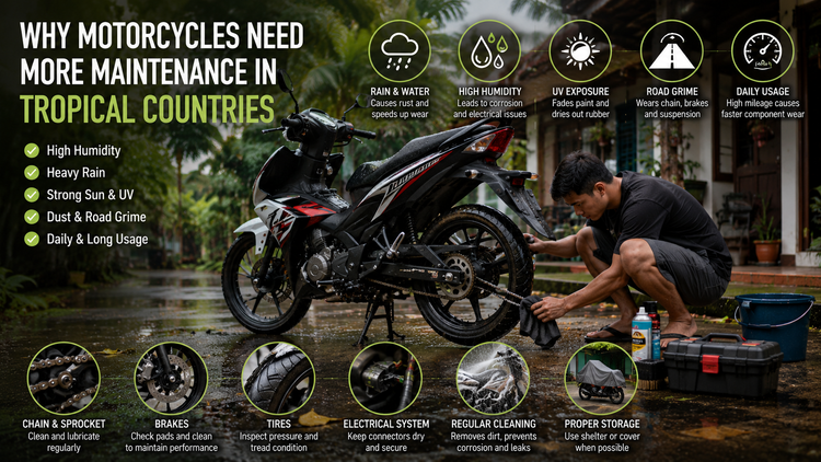 A well-maintained motorcycle parked outside a modest Southeast Asian home after light rain, showing clean tires, chain, and bodywork, with a tropical residential environment