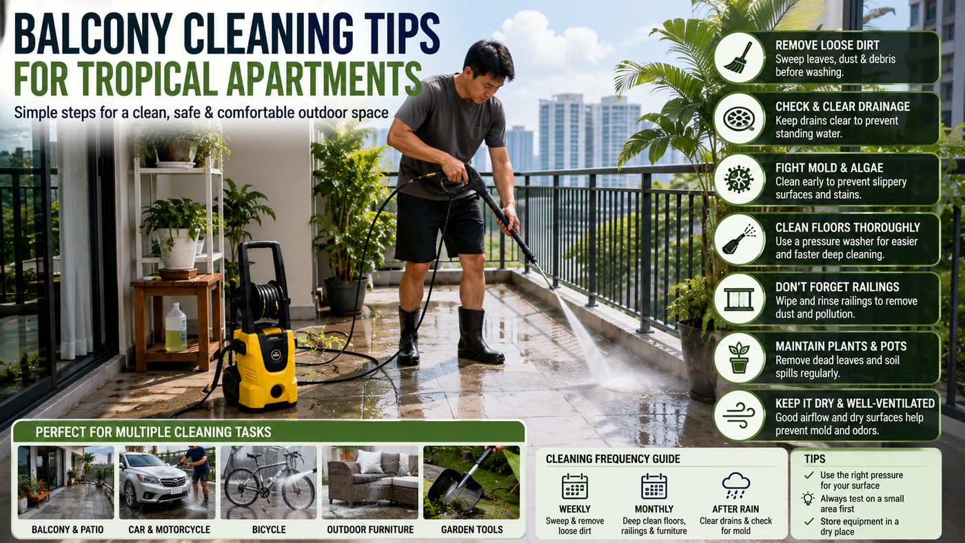 balcony cleaning tips, tropical apartment cleaning, balcony maintenance guide, humid climate cleaning, mold removal balcony, algae on balcony tiles, apartment outdoor cleaning, balcony drainage maintenance, pressure washer for balcony cleaning