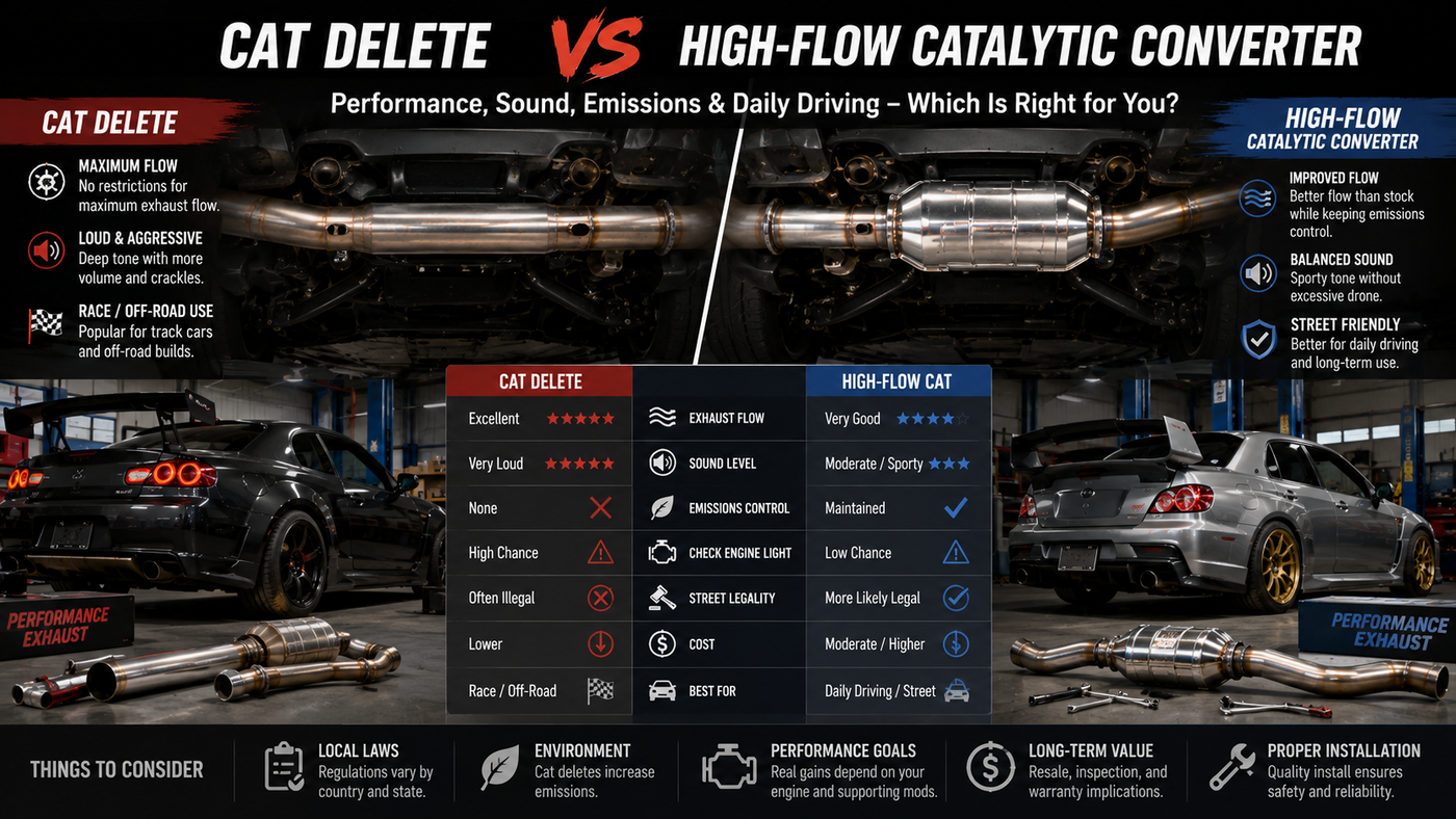 Comparison of a Cat Delete and a High-Flow Catalytic Converter installed on modified performance cars, highlighting exhaust design, performance, and daily driving applications.