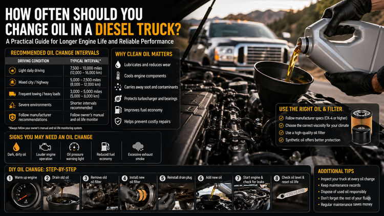 Infographic illustrating how often to change oil in a diesel truck, featuring a modern diesel pickup with its hood open, fresh engine oil being poured through a funnel
