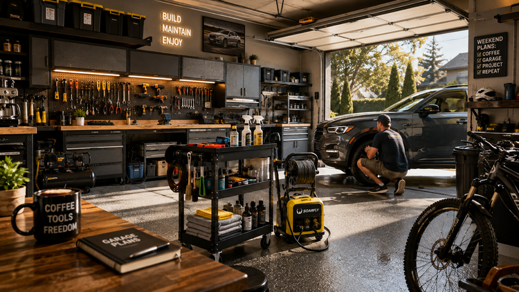 Modern home garage featuring a portable Soarfly pressure washer, organized tool wall, workbench, family SUV, and a clean DIY workspace designed for weekend car care and home maintenance.