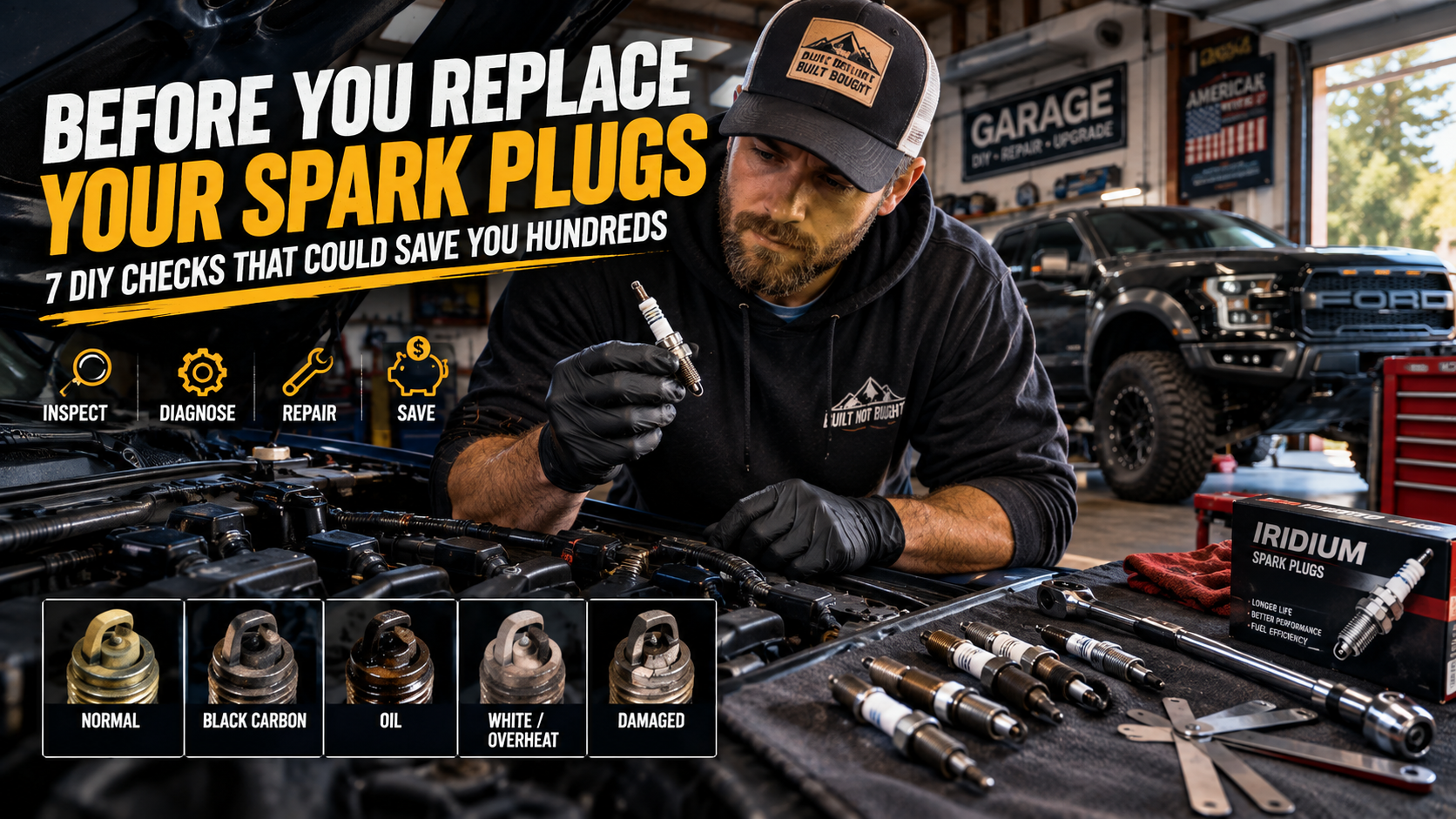 Automotive enthusiast examining spark plug condition in a professional home garage, using DIY tools beside a modified truck to diagnose engine performance before replacing spark plugs.