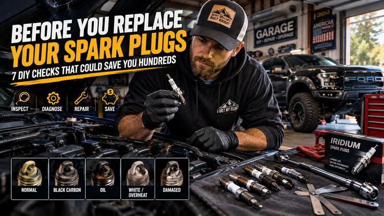 Automotive enthusiast examining spark plug condition in a professional home garage, using DIY tools beside a modified truck to diagnose engine performance before replacing spark plugs.