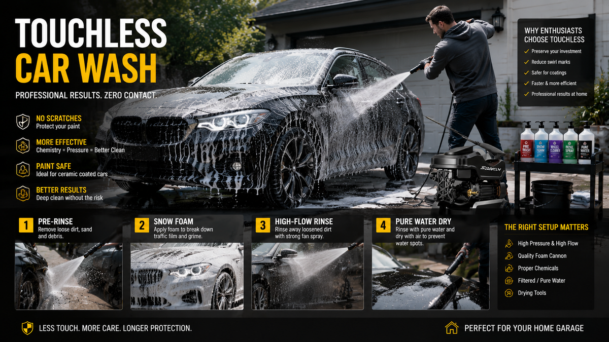 Touchless car washing setup with a Soarfly pressure washer, foam cleaning process, and home garage detailing environment for vehicle paint protection.