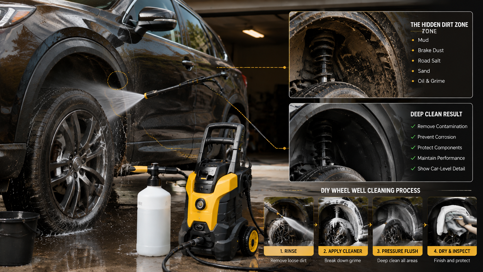 SUV wheel well cleaning with a pressure washer removing mud, brake dust, road grime, and hidden dirt from the tire liner area.