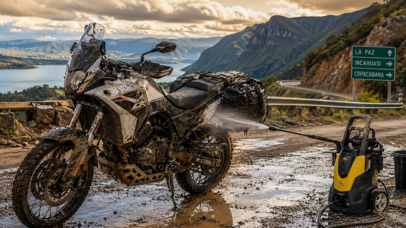 Adventure motorcycle covered in mud being cleaned with a pressure washer on a scenic South American mountain road, highlighting tropical motorcycle maintenance after riding in wet and humid conditions.