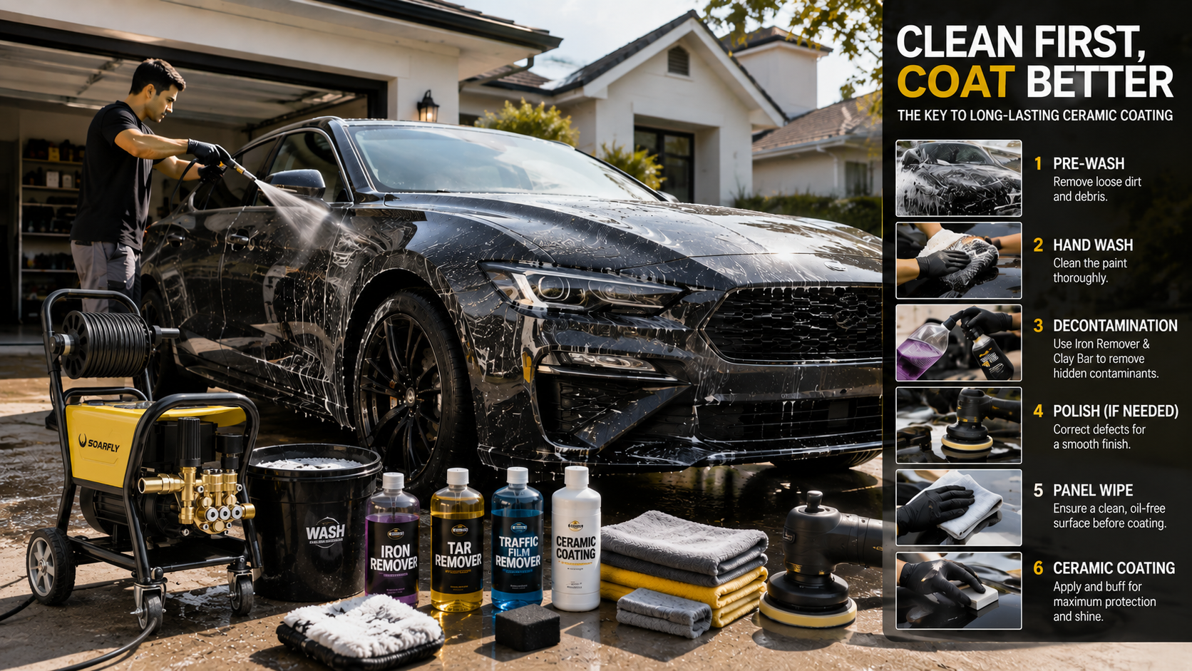 DIY ceramic coating preparation in a home garage featuring a high-flow pressure washer, foam wash, paint decontamination tools, microfiber towels, and a freshly cleaned car before ceramic coating.