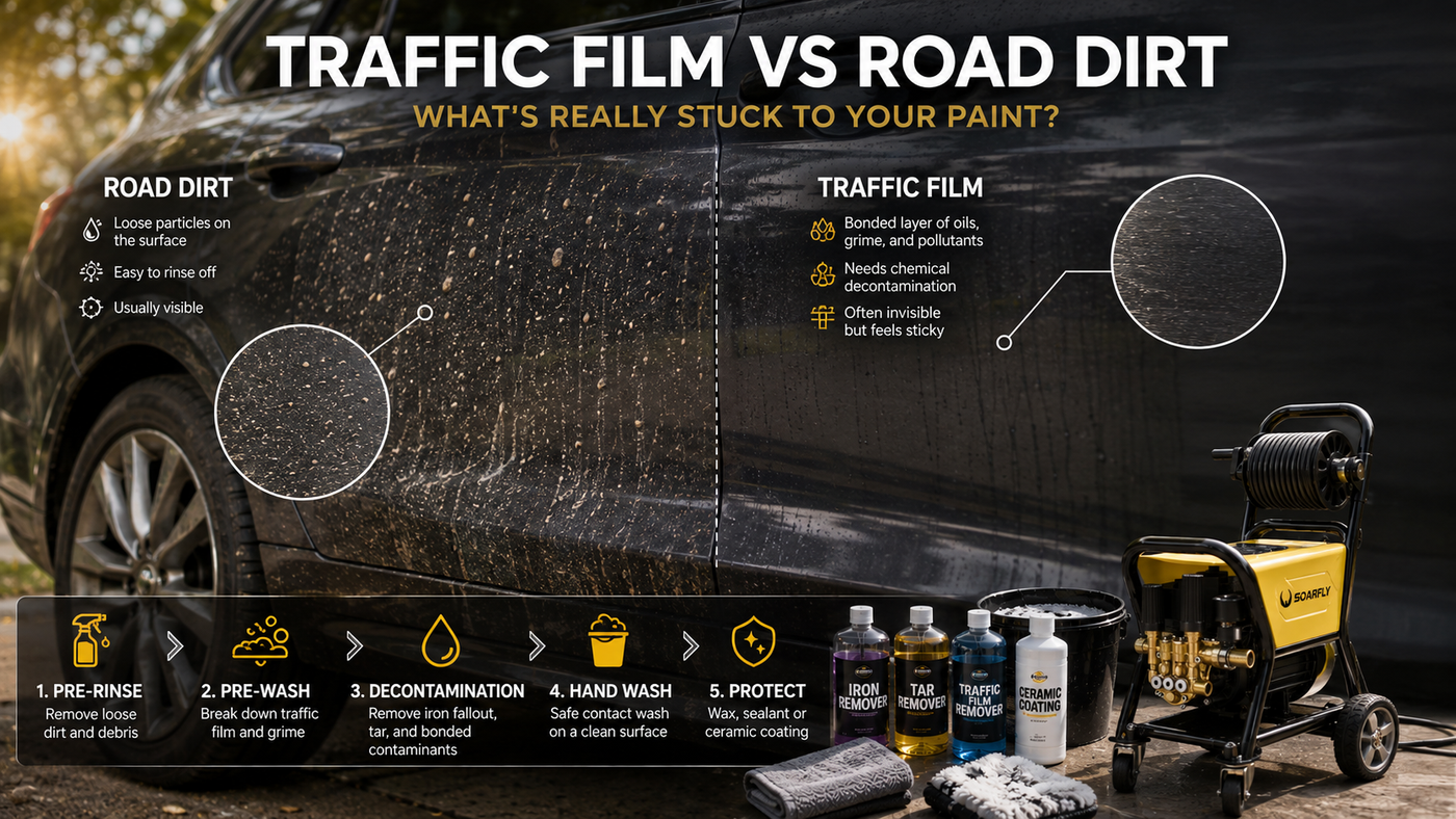 Traffic film vs road dirt on car paint, showing road grime, chemical decontamination, pre-wash, and high-flow pressure washing