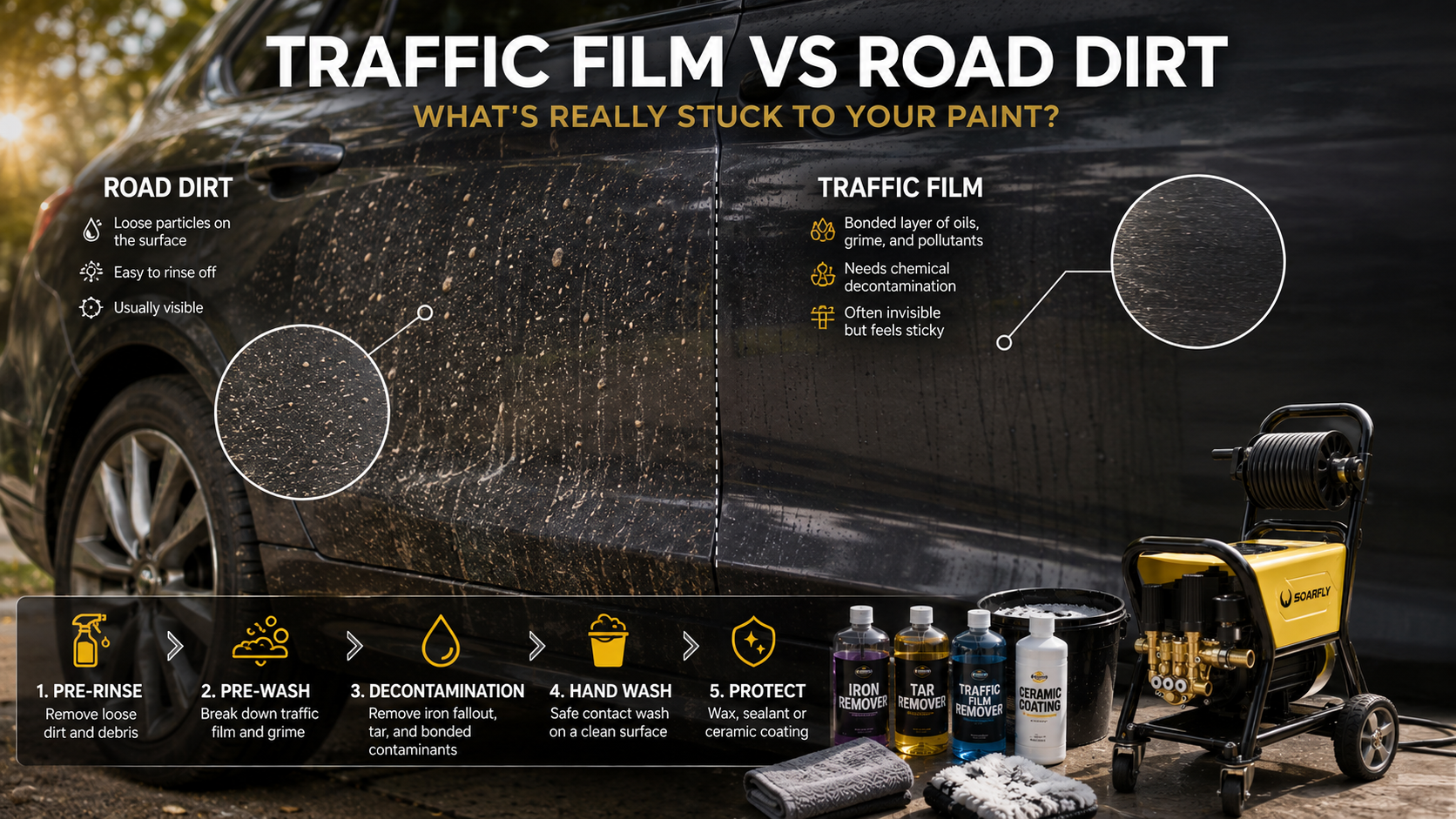 Traffic film vs road dirt on car paint, showing road grime, chemical decontamination, pre-wash, and high-flow pressure washing