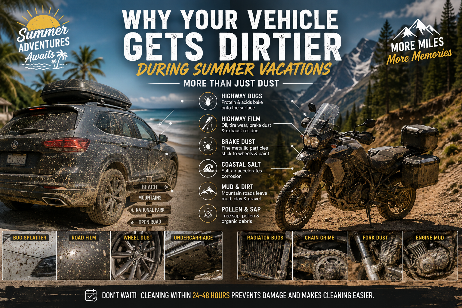 Family SUV and adventure touring motorcycle after a summer road trip, showing bug splatter, highway film, brake dust, coastal salt, and mountain mud before a thorough post-vacation cleaning.