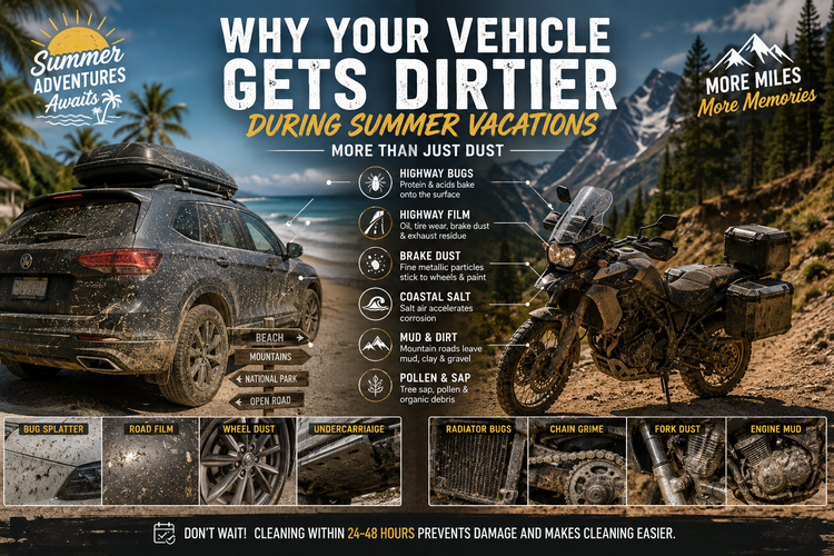Family SUV and adventure touring motorcycle after a summer road trip, showing bug splatter, highway film, brake dust, coastal salt, and mountain mud before a thorough post-vacation cleaning.