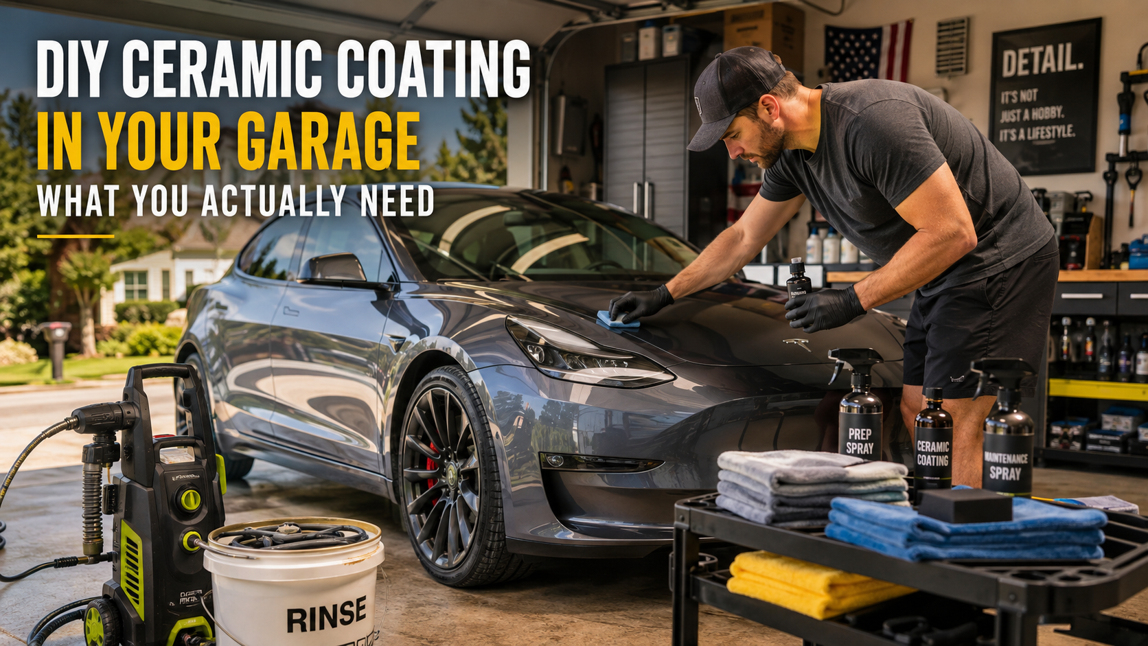 DIY ceramic coating setup in a modern home garage featuring a family SUV, pressure washer, microfiber towels, detailing supplies, and a clean workspace before applying ceramic coating.
