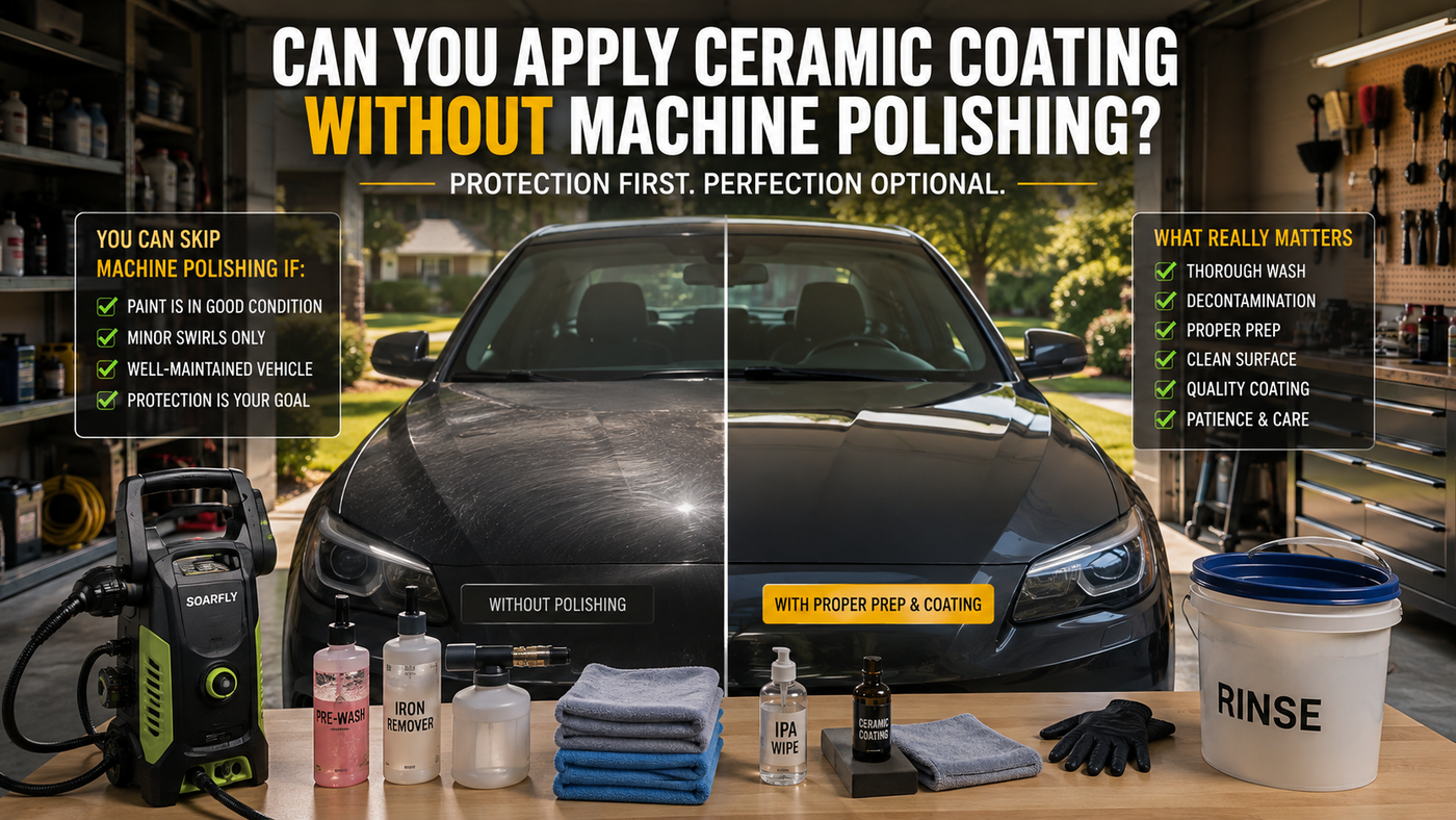 DIY ceramic coating preparation in a home garage featuring a family sedan, pressure washer, microfiber towels, ceramic coating supplies, and a comparison showing why proper paint preparation matters more than machine polishing.