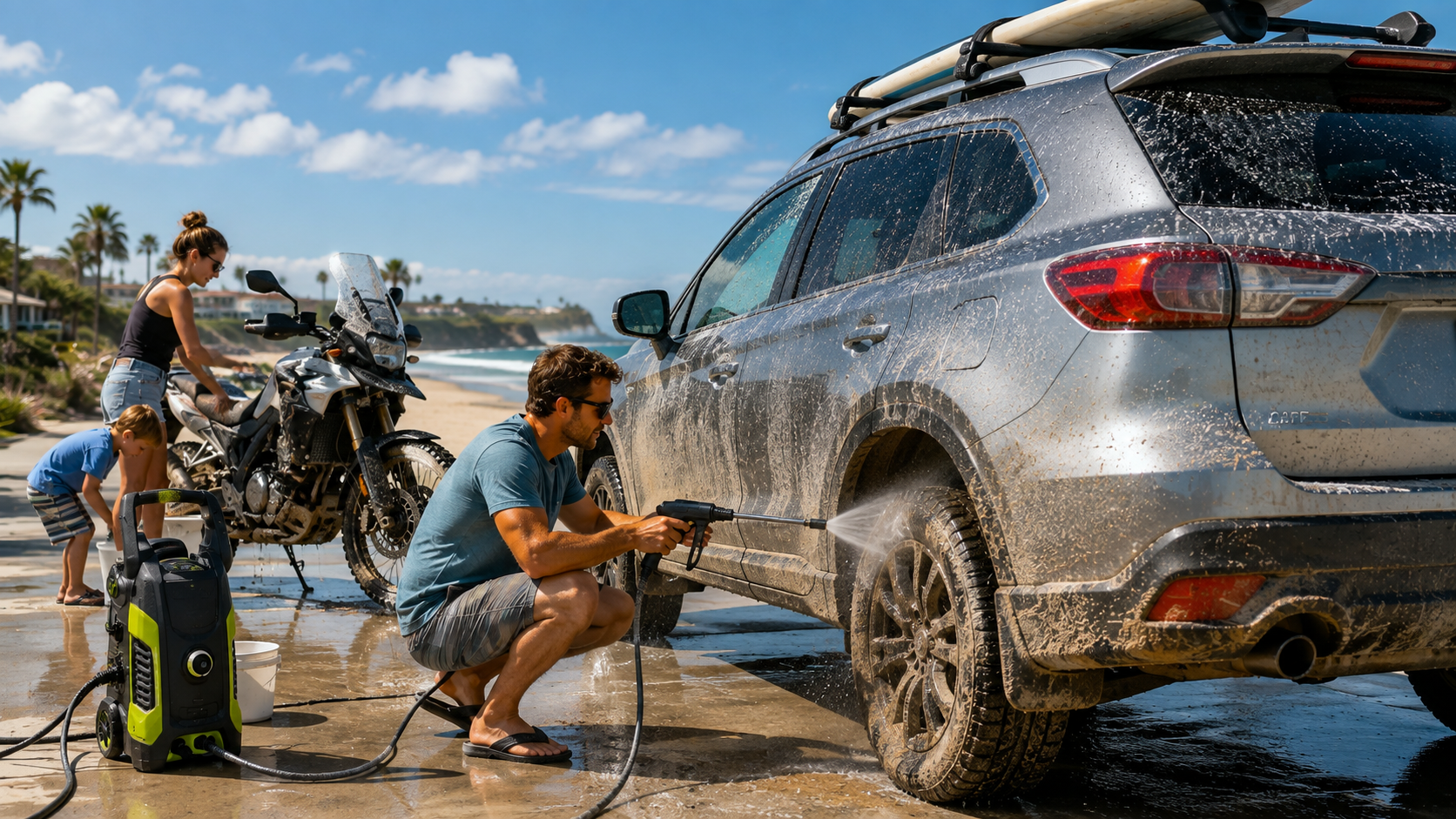 Modern SUV and adventure motorcycle returning from a summer beach vacation, showing coastal sand, salt residue, and road grime before a thorough home wash to protect the paint, wheels, undercarriage, and suspension.