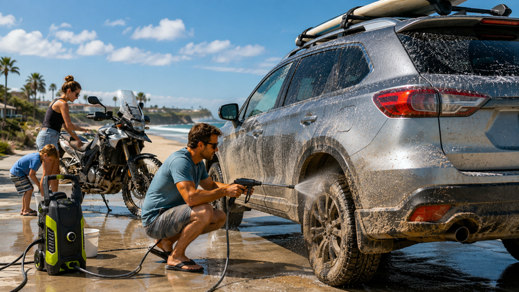 Modern SUV and adventure motorcycle returning from a summer beach vacation, showing coastal sand, salt residue, and road grime before a thorough home wash to protect the paint, wheels, undercarriage, and suspension.