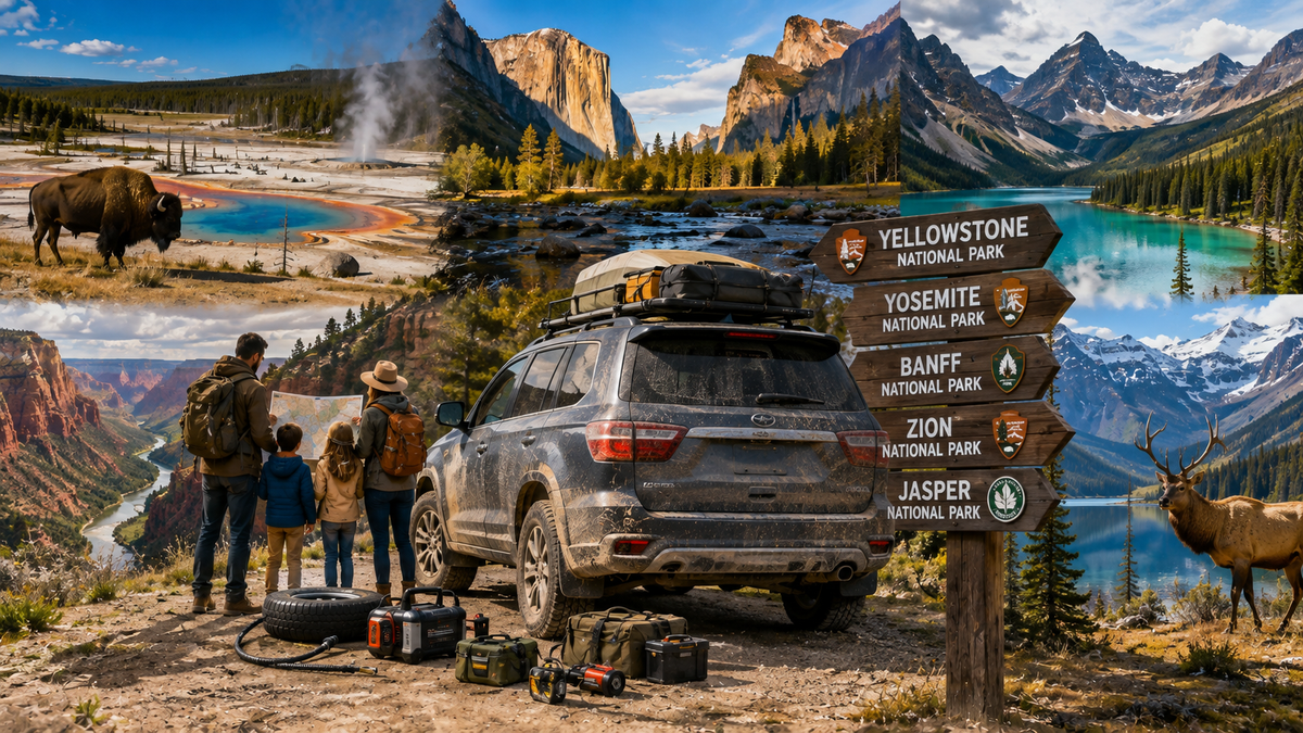 Adventure SUV returning from a summer national park road trip with dust, gravel, and mud, parked beside iconic mountain landscapes and camping gear, representing post-trip vehicle maintenance, wheel well cleaning, undercarriage protection