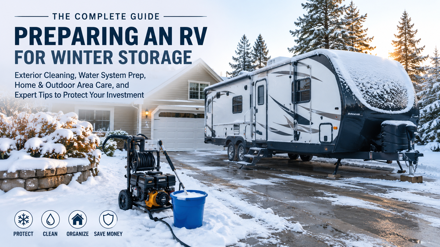 Preparing an RV for winter storage using a portable Soarfly pressure washer beside a snow-covered suburban home before the first snowfall, with an RV parked on the driveway in a winter landscape.