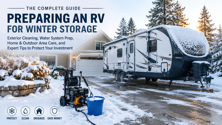 Preparing an RV for winter storage using a portable Soarfly pressure washer beside a snow-covered suburban home before the first snowfall, with an RV parked on the driveway in a winter landscape.