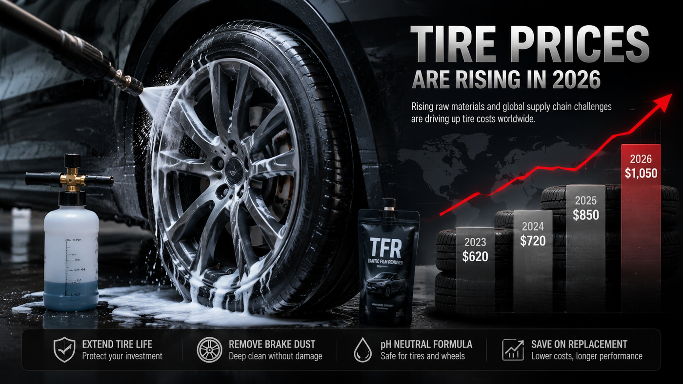 Car tire cleaning with foam and pressure washer while highlighting rising tire costs and tire protection maintenance.