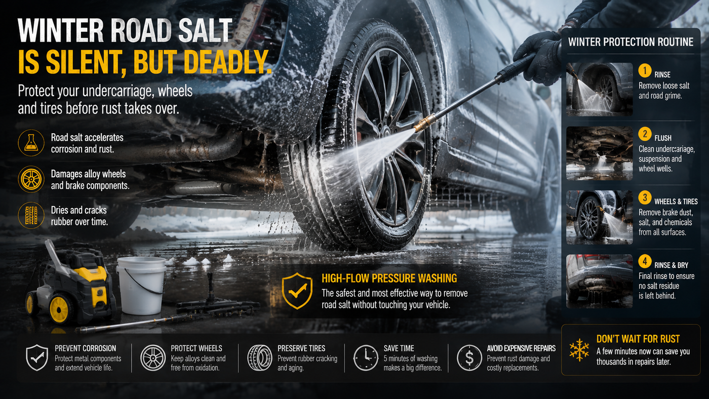 Pressure washer cleaning car wheels and underbody to remove winter road salt and prevent rust damage.