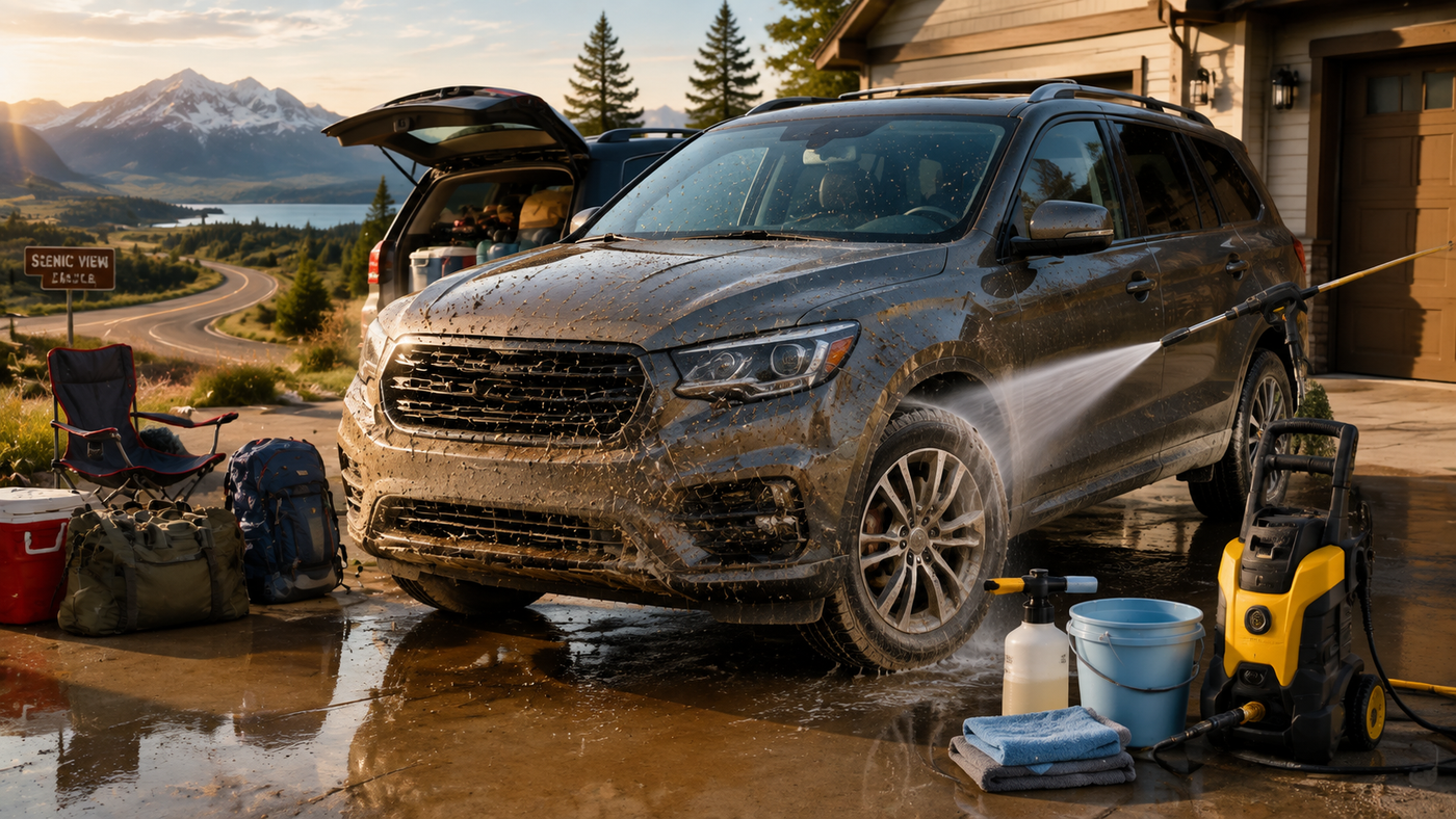 SUV after a summer road trip being cleaned with a pressure washer to remove bugs, dust, and highway grime.