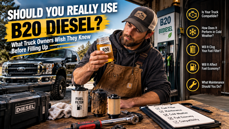 DIY diesel truck owner inspecting a lifted pickup in a modern home garage while choosing between B20 diesel and ULSD, with fuel cans, maintenance tools, and an off-road modified truck highlighting practical diesel ownership and preventive maintenance.