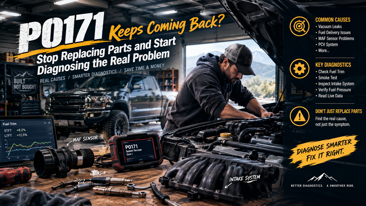 DIY mechanic diagnosing a P0171 system too lean code on a modified pickup truck inside a modern home garage, using a scan tool to analyze fuel trim while inspecting the intake system, MAF sensor, and vacuum hoses for hidden air leaks.