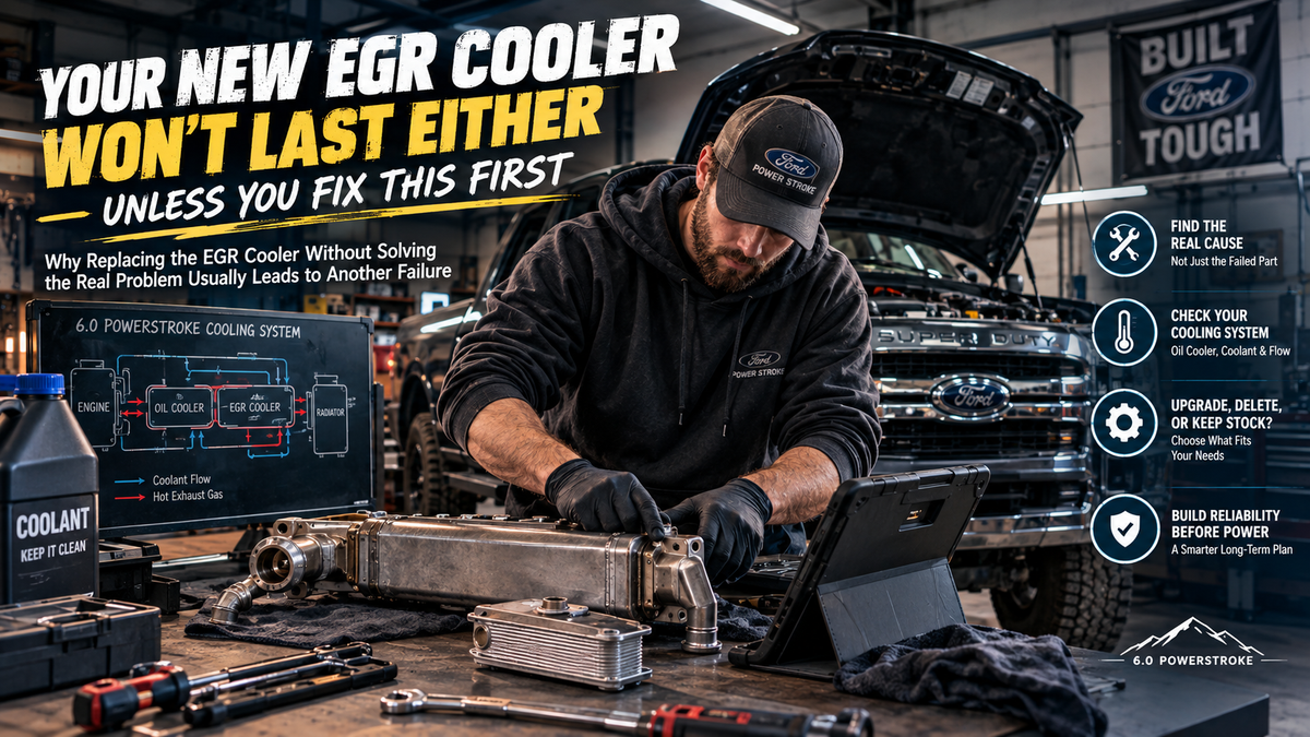Automotive DIY enthusiast working on a modified Ford Super Duty diesel truck in a professional home garage, diagnosing cooling system issues related to repeated EGR cooler failures.