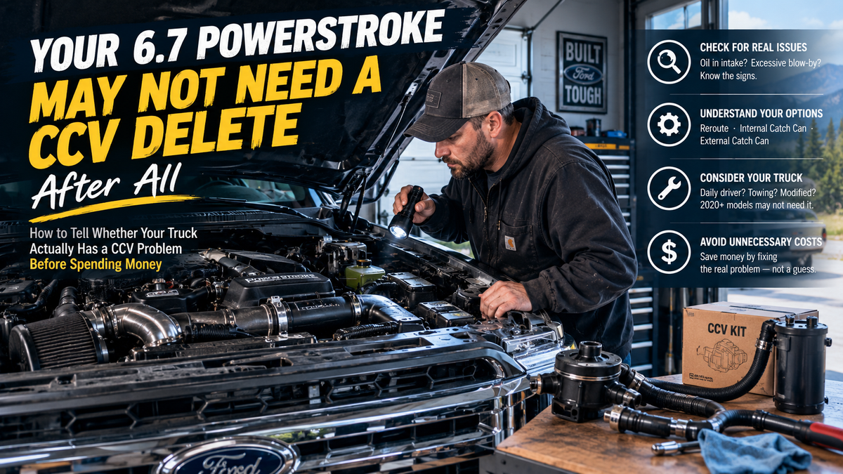 DIY diesel truck owner inspecting the CCV system on a modified 6.7 Powerstroke inside a modern American home garage while checking crankcase ventilation hoses and engine components.