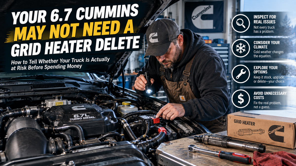 DIY diesel truck owner inspecting the factory grid heater assembly on a modified 6.7 Cummins pickup inside a modern American garage before deciding on a grid heater delete.