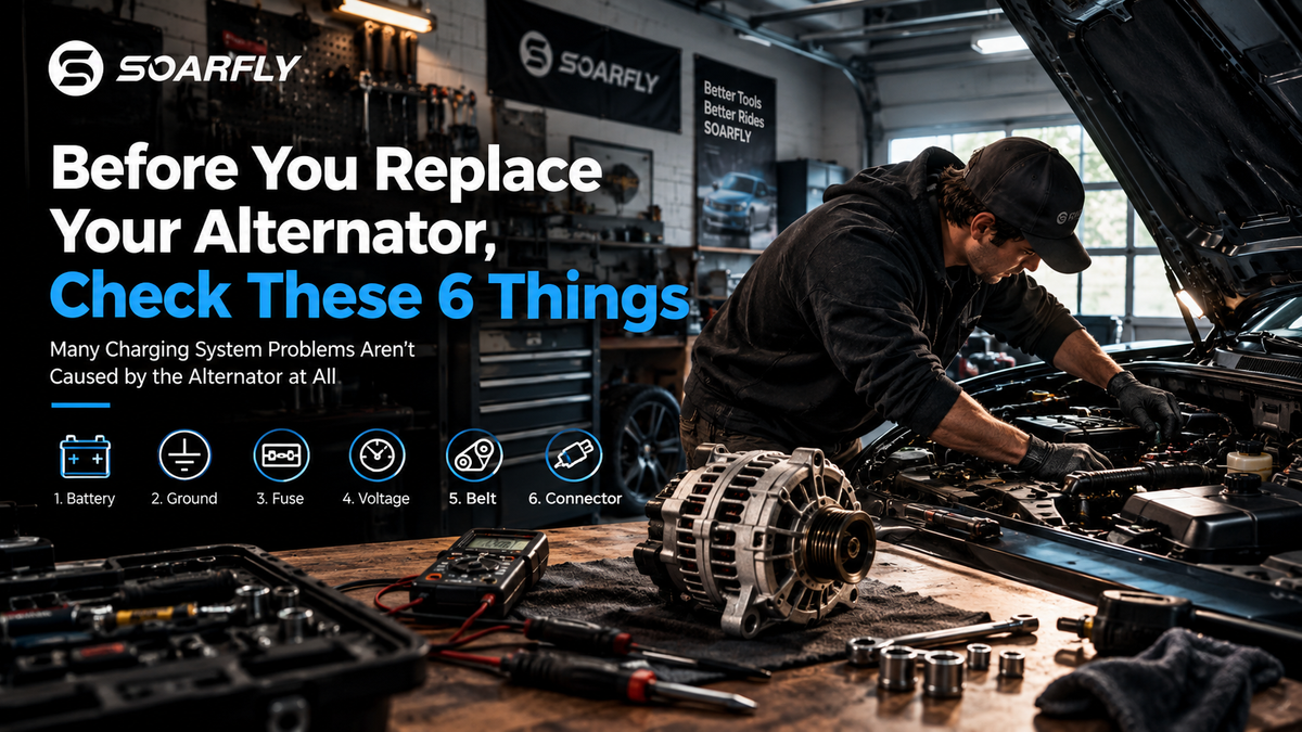 DIY car enthusiast diagnosing a vehicle charging system in a home garage, inspecting the alternator, battery, wiring, and electrical connections with professional tools before replacing parts.