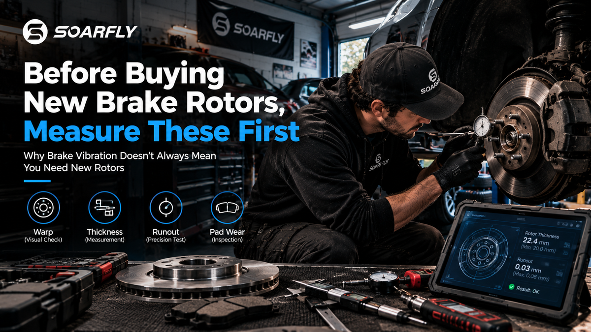 DIY car enthusiast inspecting brake rotors and measuring rotor thickness in a modern home garage, using professional tools to diagnose brake vibration before replacing brake components.