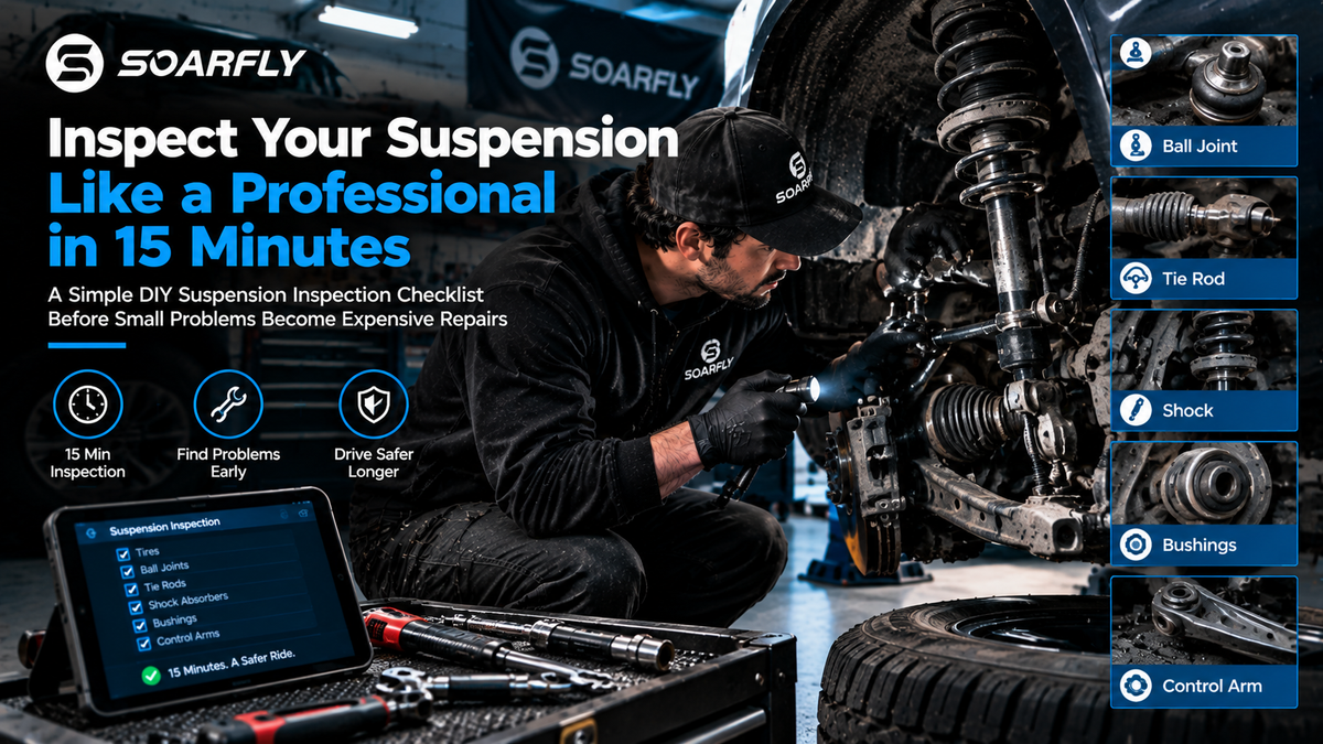 DIY car enthusiast inspecting a vehicle suspension system in a modern home garage, checking the ball joints, tie rods, shock absorbers, bushings, and control arms with professional tools during a preventive suspension inspection.