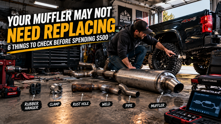Automotive enthusiast inspecting a modified pickup truck's exhaust system in a professional home garage, comparing muffler repair and replacement while using common DIY tools.